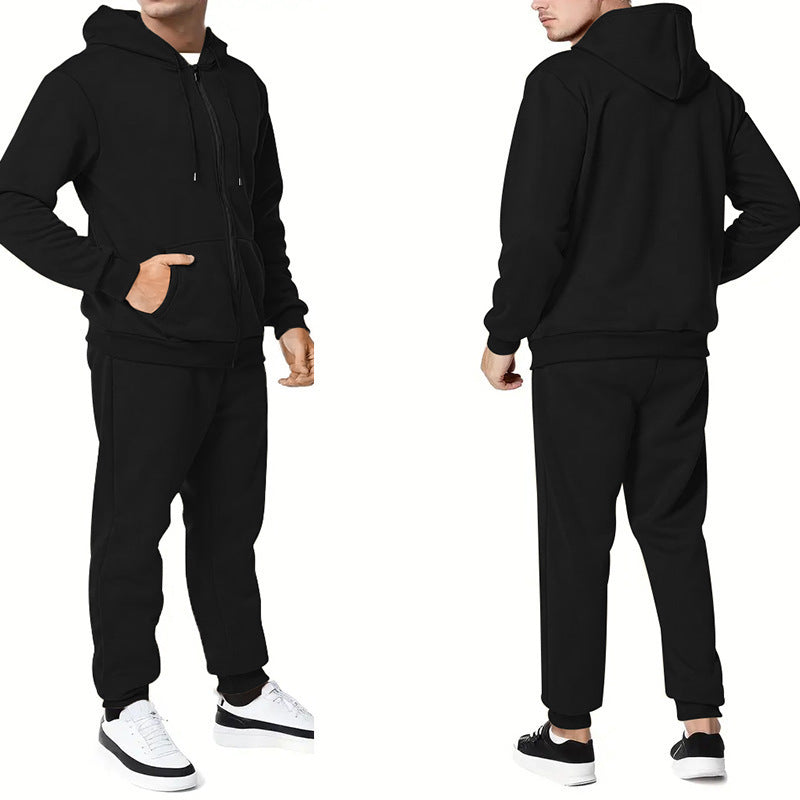 Casual Solid Color Hooded Zip Cardigan Suit