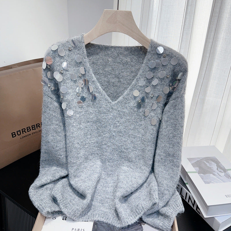 Chunky broderi pailletter diamant V-hals pullover hyggelig sweater