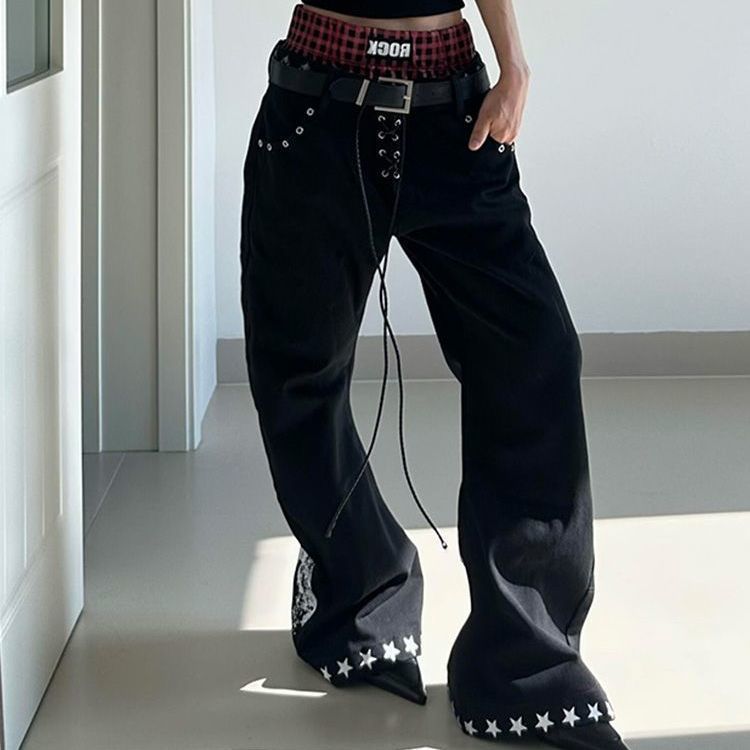 Retro Drawstring Babe Color-blocking Double Waistband Patchwork Print Curved Pants