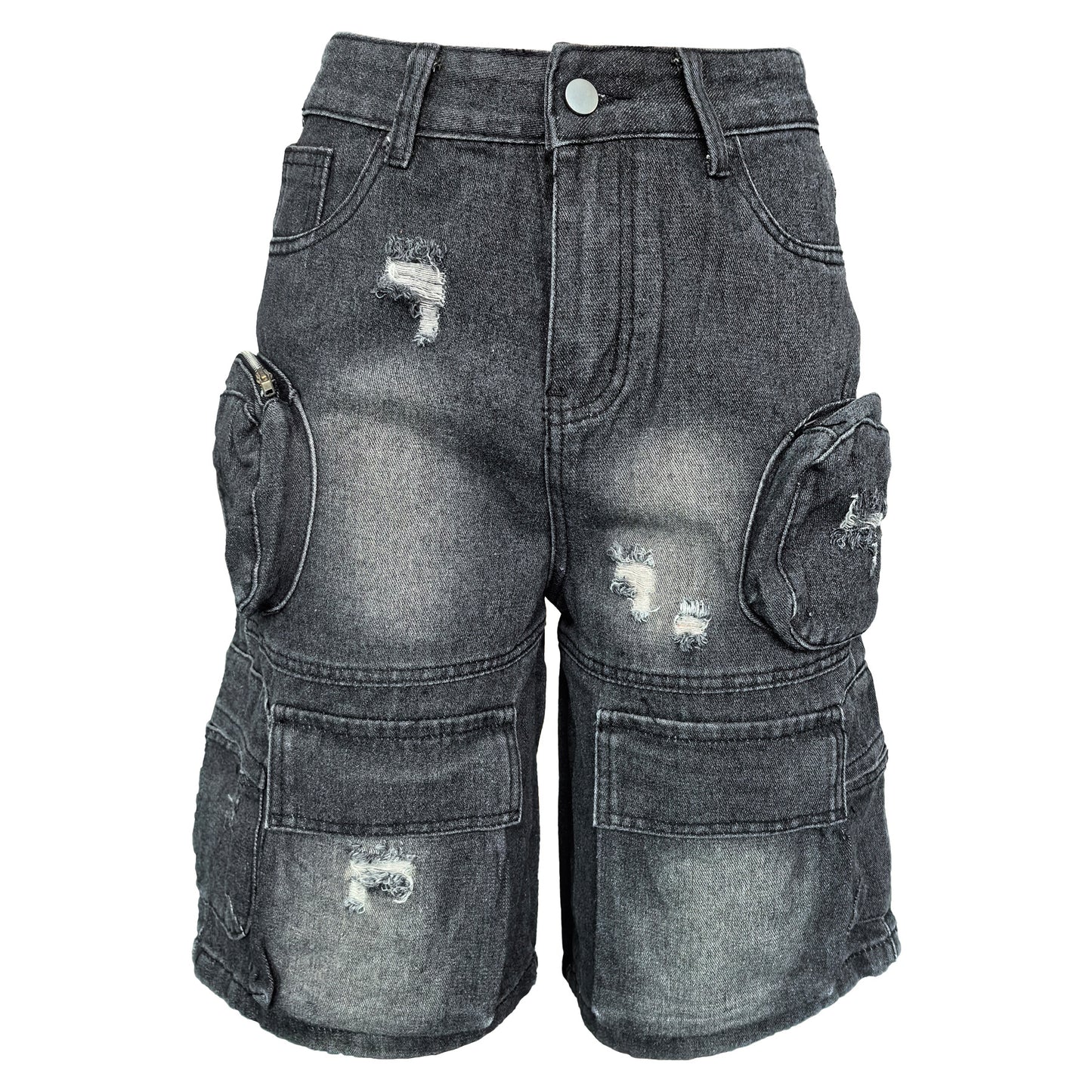 Kvinde Washed Ripped Cropped Shorts i Cowboy-Denim med Lommer