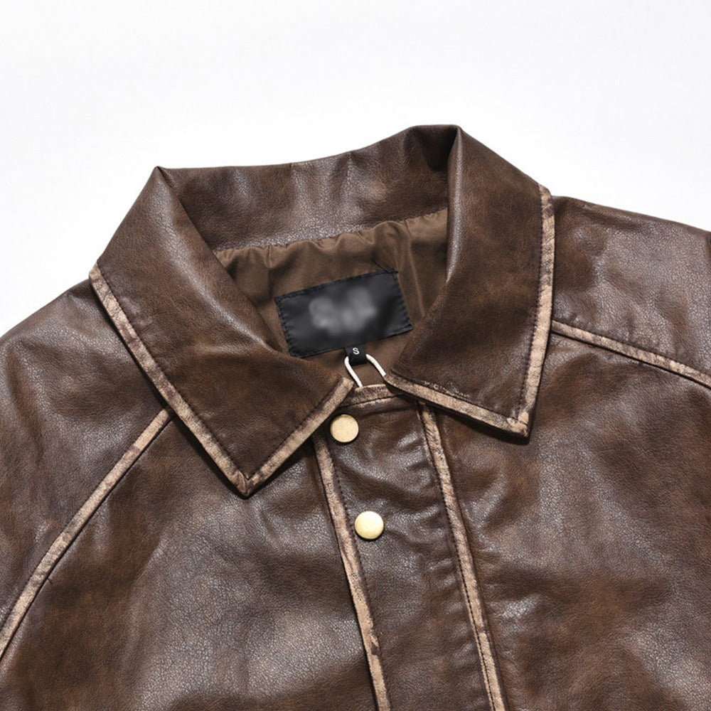 Distressed Lapel Leather Jacket Men's European And American