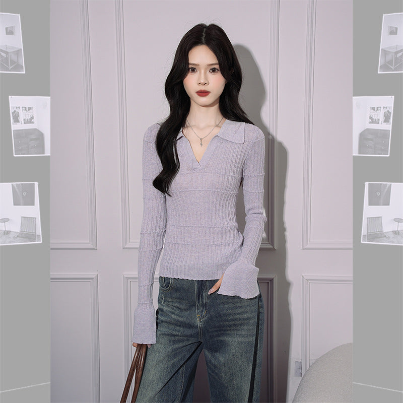 Women's Slim Fit Inner Wear Lapel Knitted T-shirt