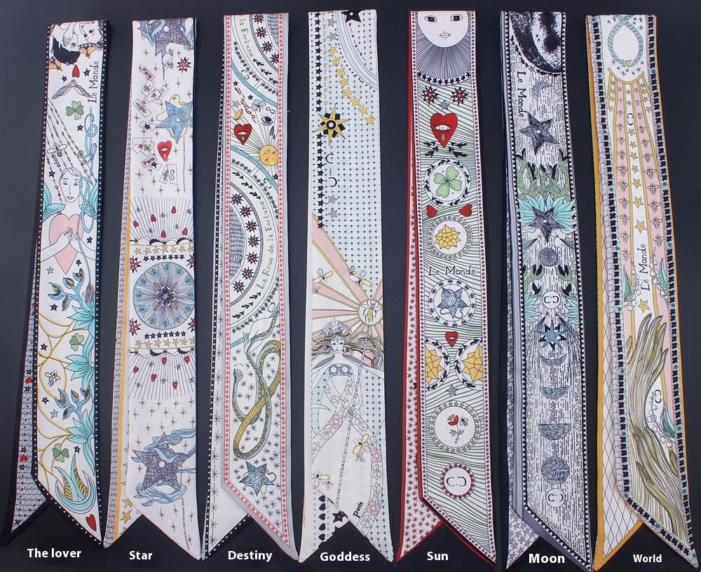 Tarot Series Double Layer Duplex Printing Twill Silk Tied Bag Handle Scarves