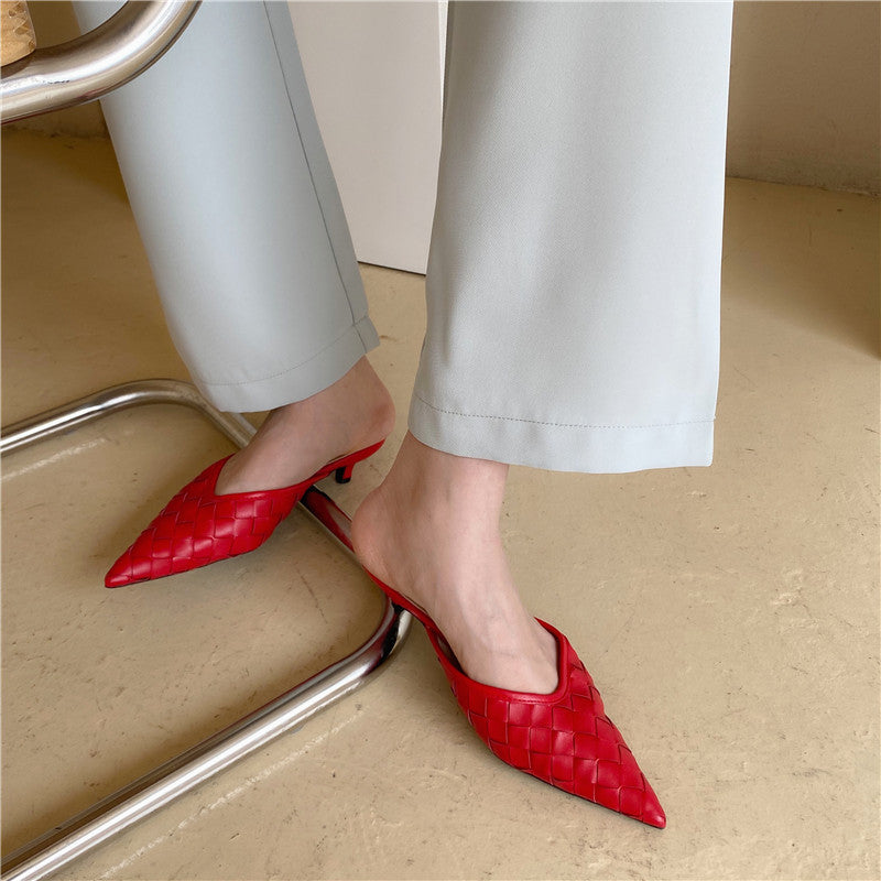 Woven pointed mid-heel half slippers