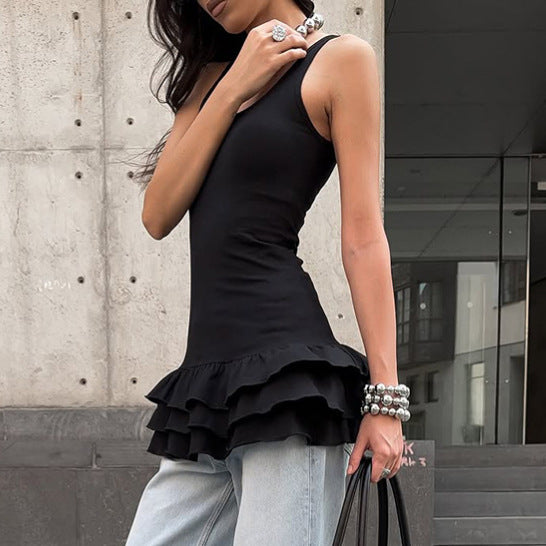 Black Mid-length Sleeveless Tank Top With A Tiered Cake Skirt