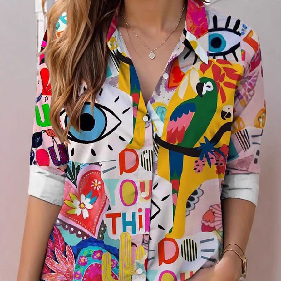 Womens Printed Lapel Long-Sleeve Shirt Top