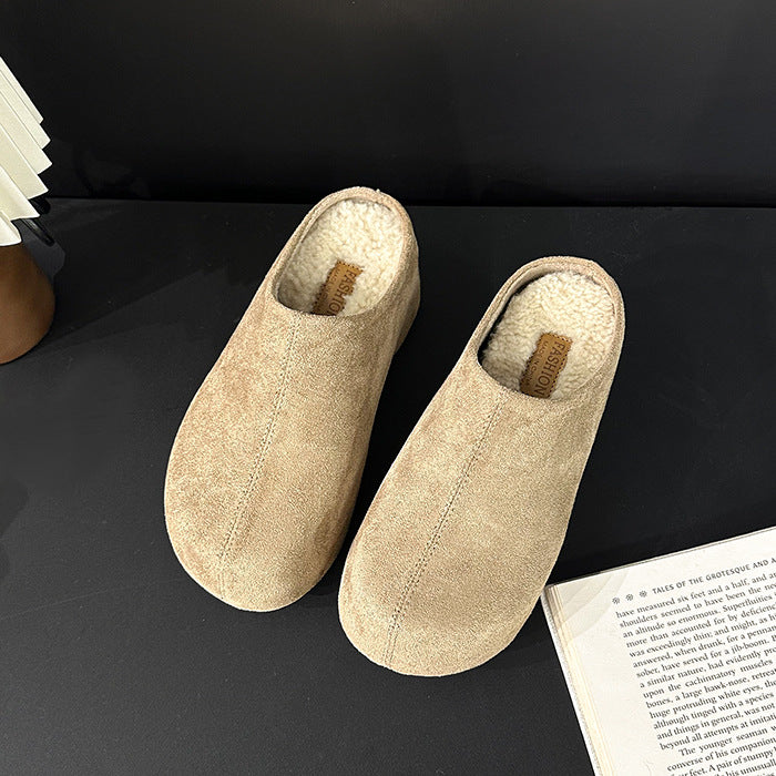 Stylish Round-toe Chunky-heel Platform Closed-toe Half-slipper With Fleece Lining For Warmthtrendy Womens Slippers