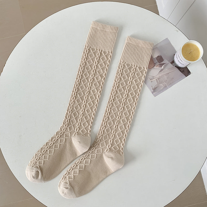 Autumn And Winter Thick Warm Hemp Pattern Solid Color Knee-length Cashmere Socks