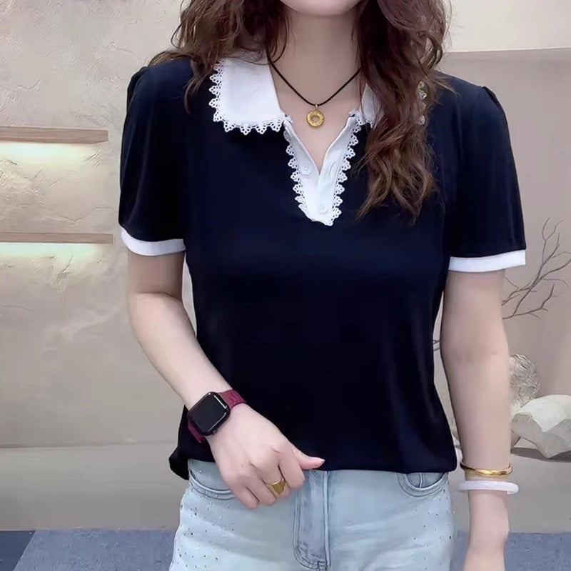 Lace-trimmed Turn-down Collar Slimming Short-sleeve Top