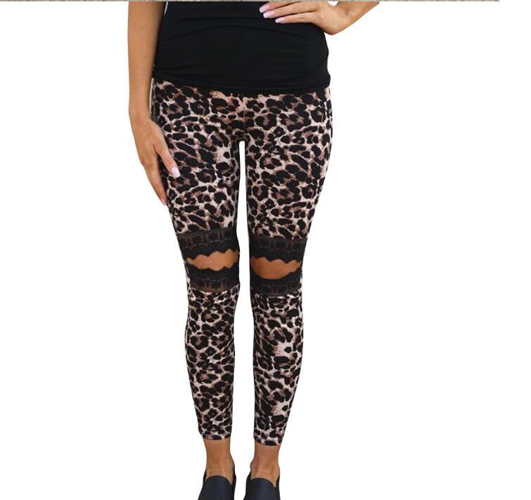 Casual hollow lace leopard print slim women's trousers