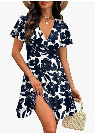 V-neck Floral-print Womens Dress