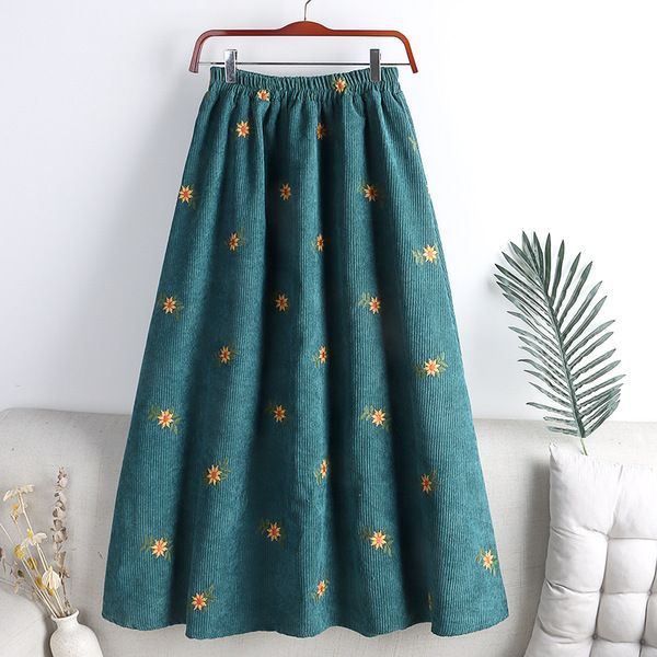 Womens High-Waisted Slimming Corduroy Embroidered Midi Skirt With An Elegant Touch