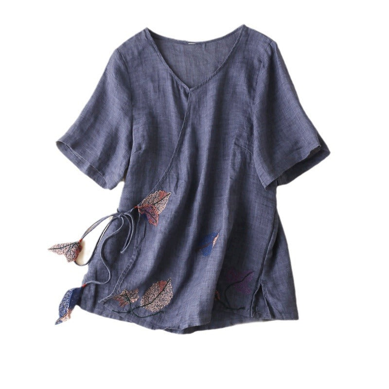 Retro Artistic Ramie Top Embroidery Tie-neck Loose Slimming Diagonal