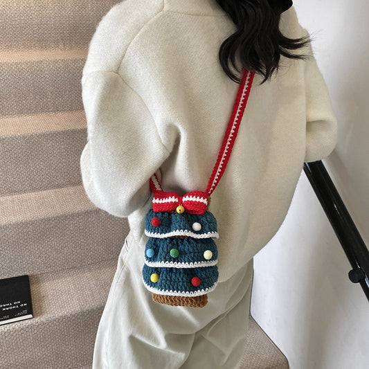 Autumn And Winter New Cartoon Knitted Color-blocking Christmas Tree Square Bag
