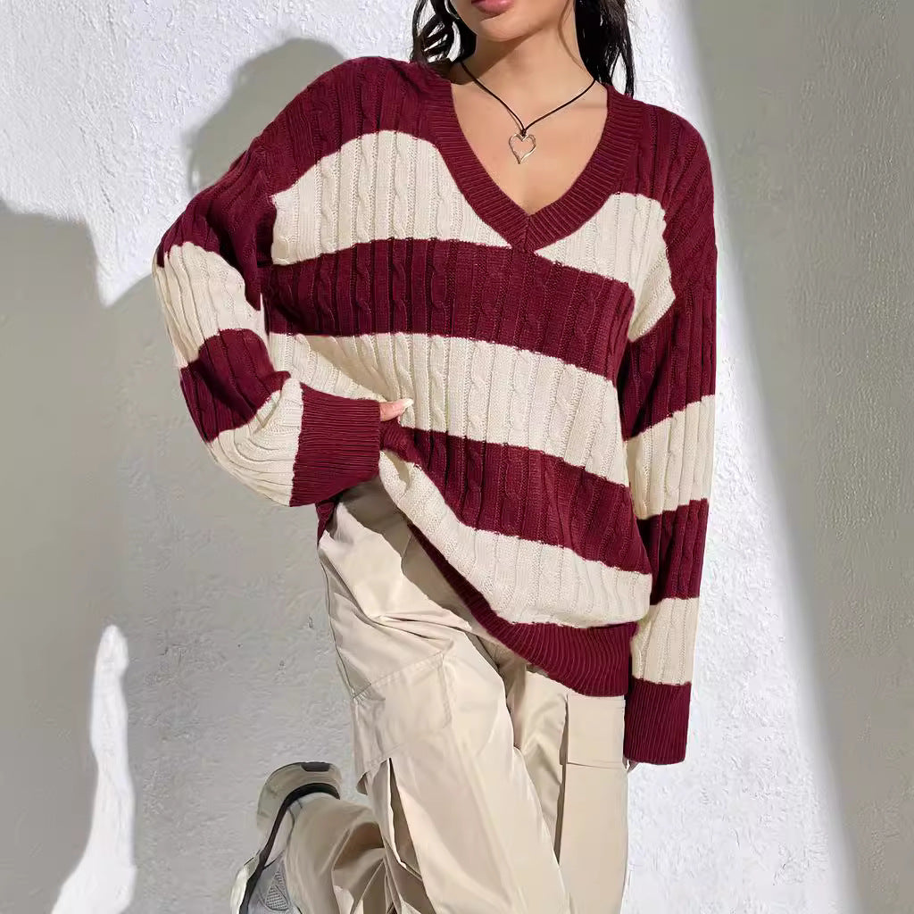 Contrast Color V-neck Loose-fitting Long Sleeve Sweater Women