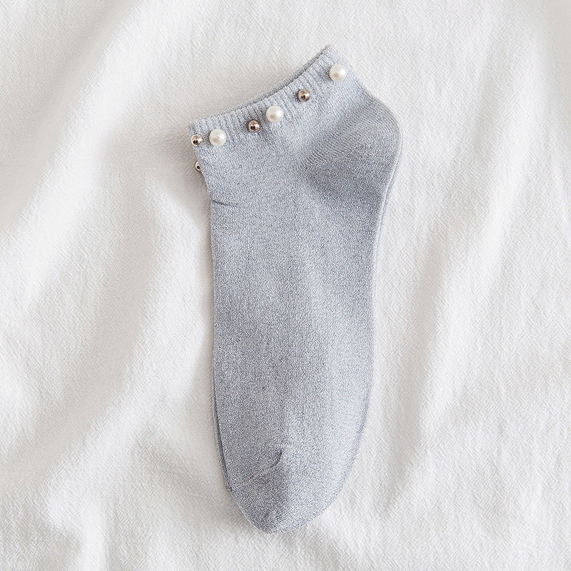 New Female Handmade Beaded Silver Silk Pearl Boat Socks