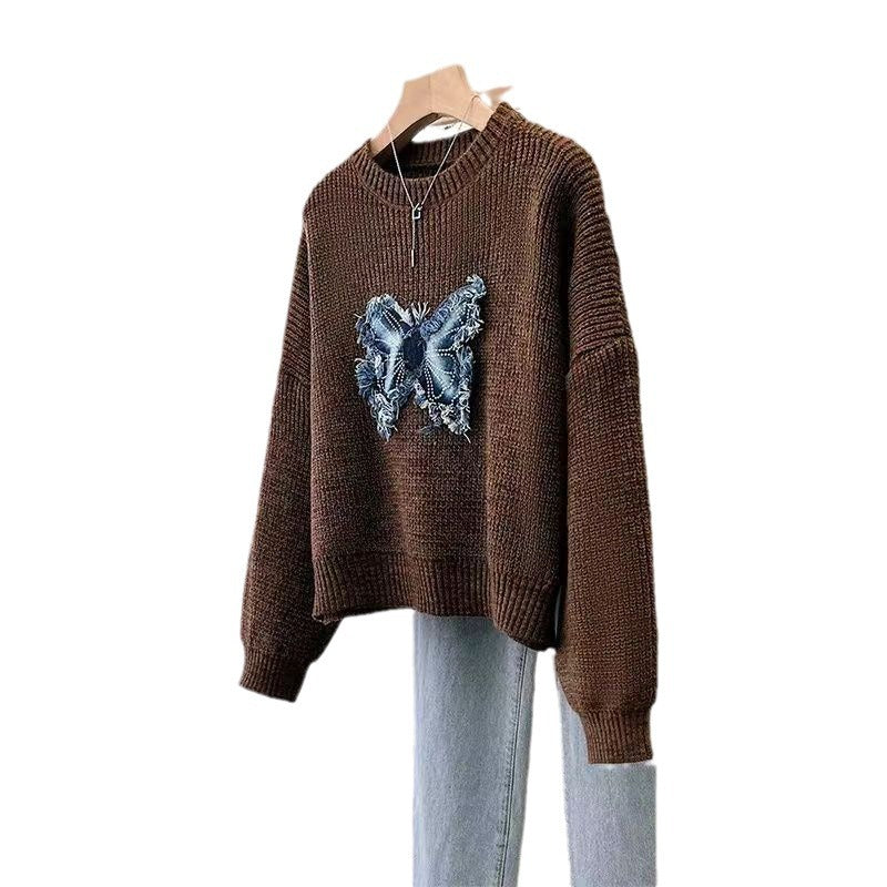 Tassel Denim Pattern Round Neck Sweater Top