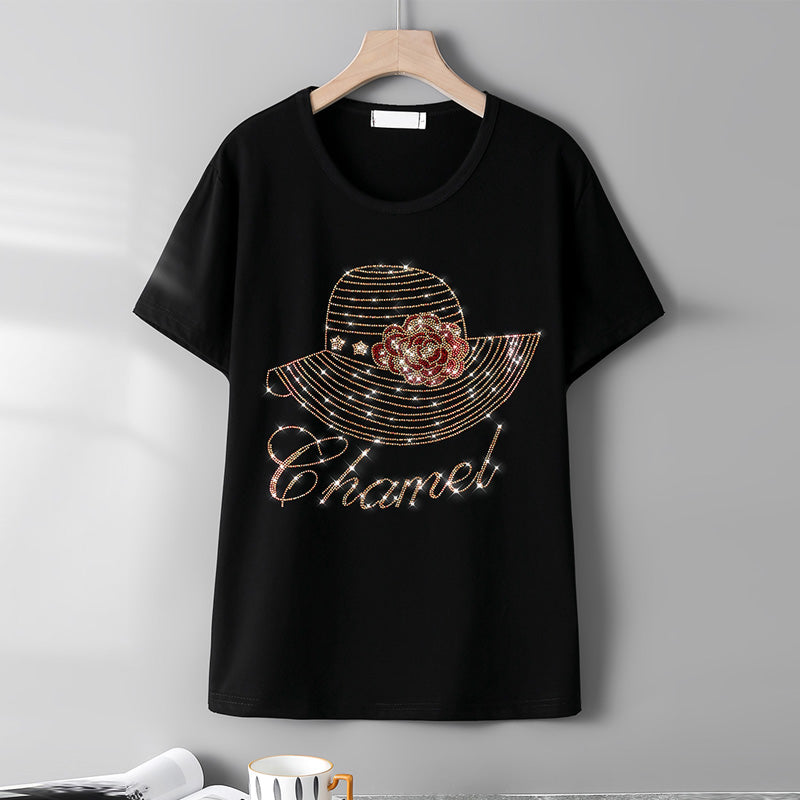 Dame T-shirt med korte ærmer i bomuld og diamanter, plus size