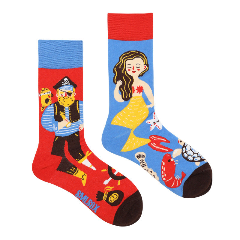 Asymmetrical Color Retro Personality Male And Female Couple Mid-length Cotton Socks