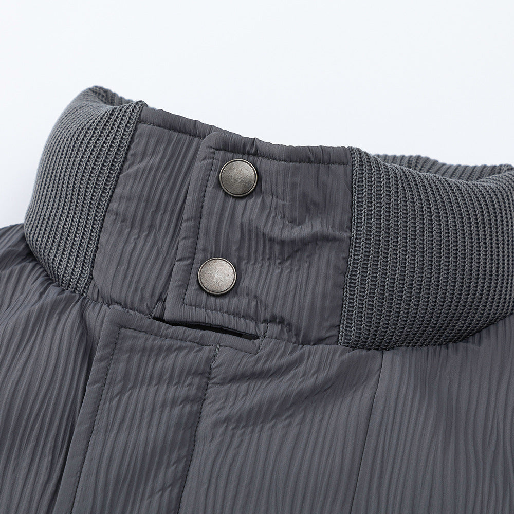 Pleated Design Loose Casual Pocket Zipped Stand Collar Cotton-padded Coat