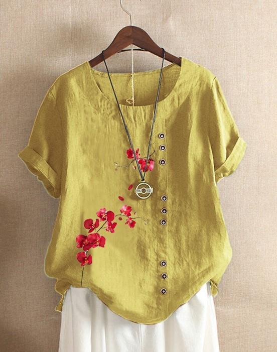 Retro Cotton And Linen Printed Loose Casual Shirt Short-sleeved T-shirt For Women