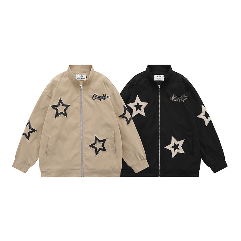 Men's Fashion Retro Star Embroidered Stand Collar Jacket