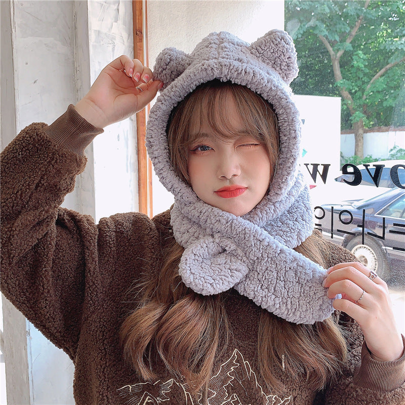 Women's Fashionable And Warm Solid Colour Bear Ears Hat Scarf