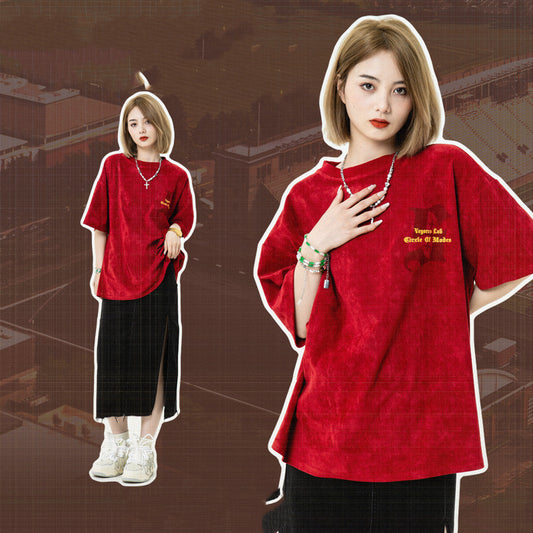 American Retro Virtual Shadow Letter Printed Suede Short Sleeve