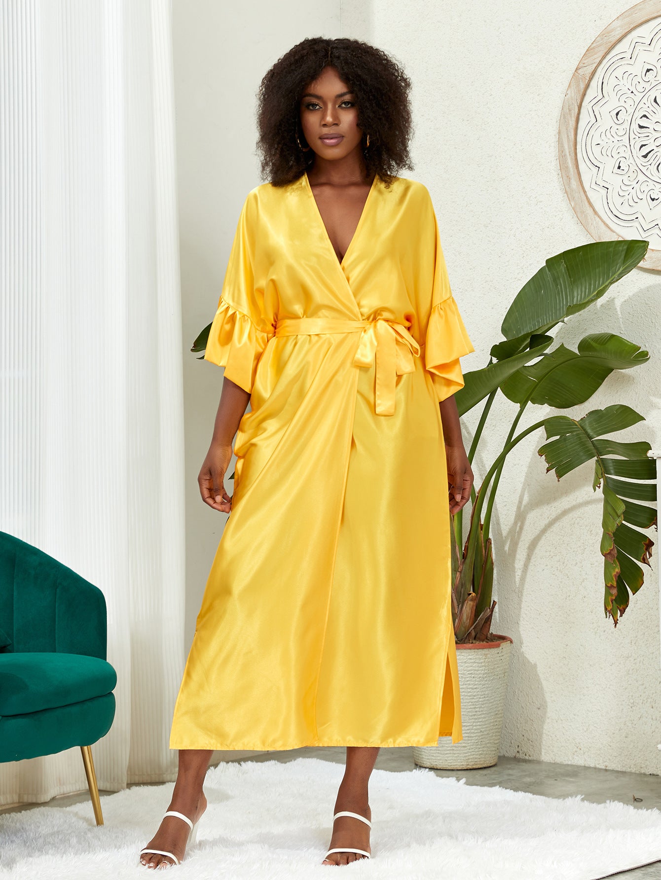 Dame Plus-Size Satin Langærmet Kjole