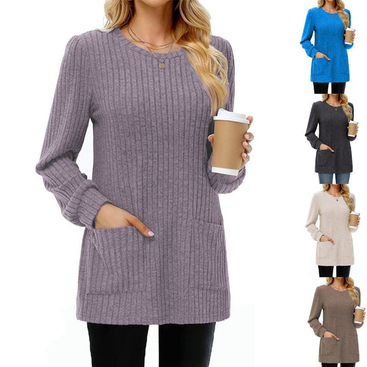 Midtlængde Sweater Rund Hals Forsænkede Striber Ensfarvet Lommetop