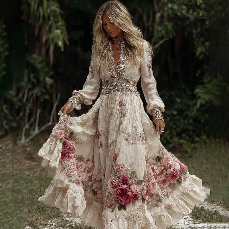Vintage Elegant Long Dress With Floral And Botanical Print
