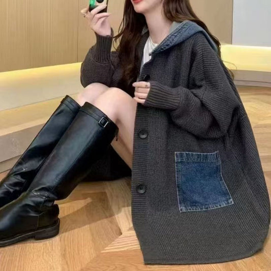 Mid Length Loose Fit Denim Patchwork Knit Cardigan