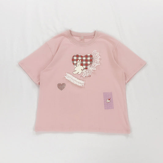 Love Bunny Print Lace Patchwork Short Sleeve T-Shirt