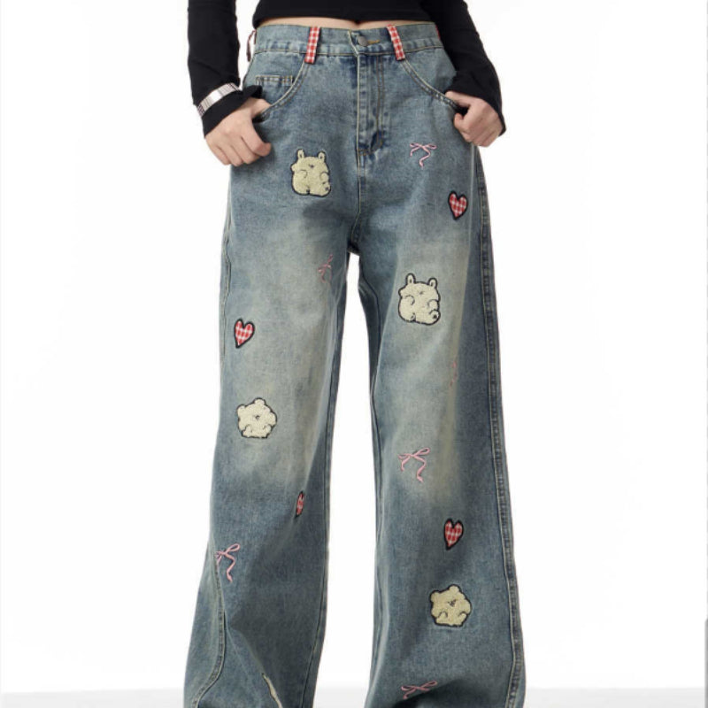 Jeans med lammebroderi til kvinder, retro, lige ben