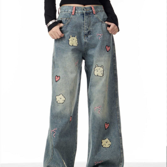 Jeans med lammebroderi til kvinder, retro, lige ben