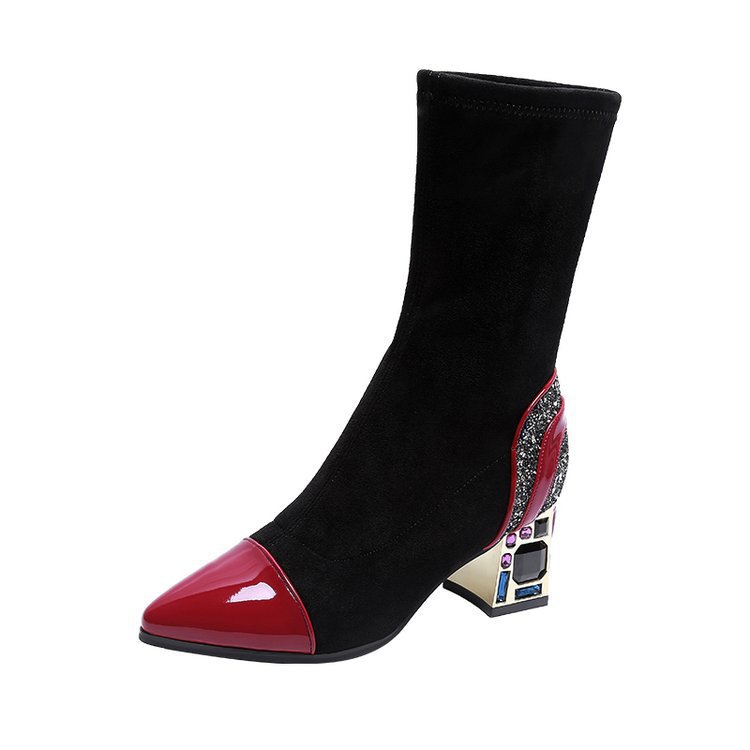 Chunky Heel Ankle Boots Pointed Toe Rhinestone Simple Zipper Casual