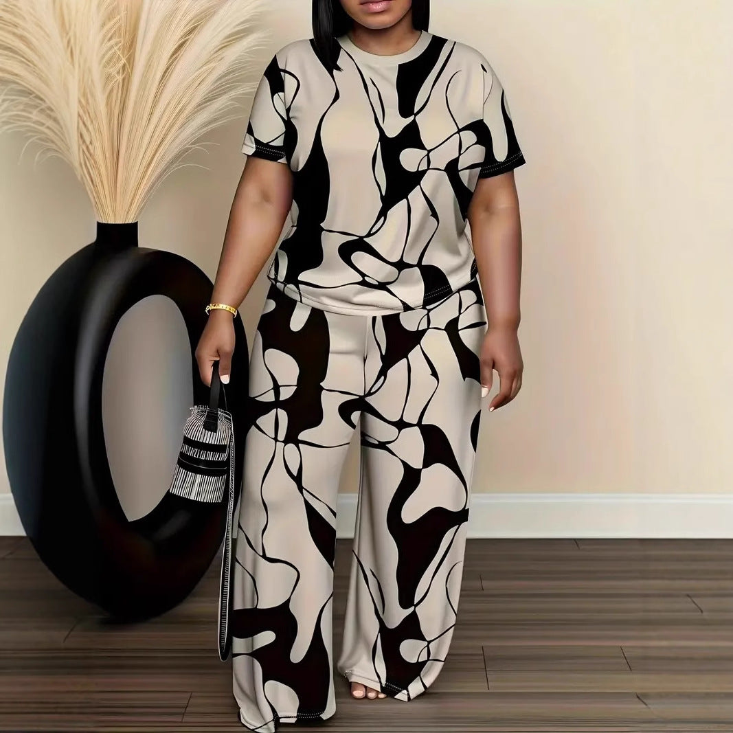 Plus-size Womens Black And Gray Printed Outfit Set
