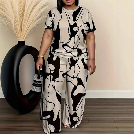 Plus-size Womens Black And Gray Printed Outfit Set