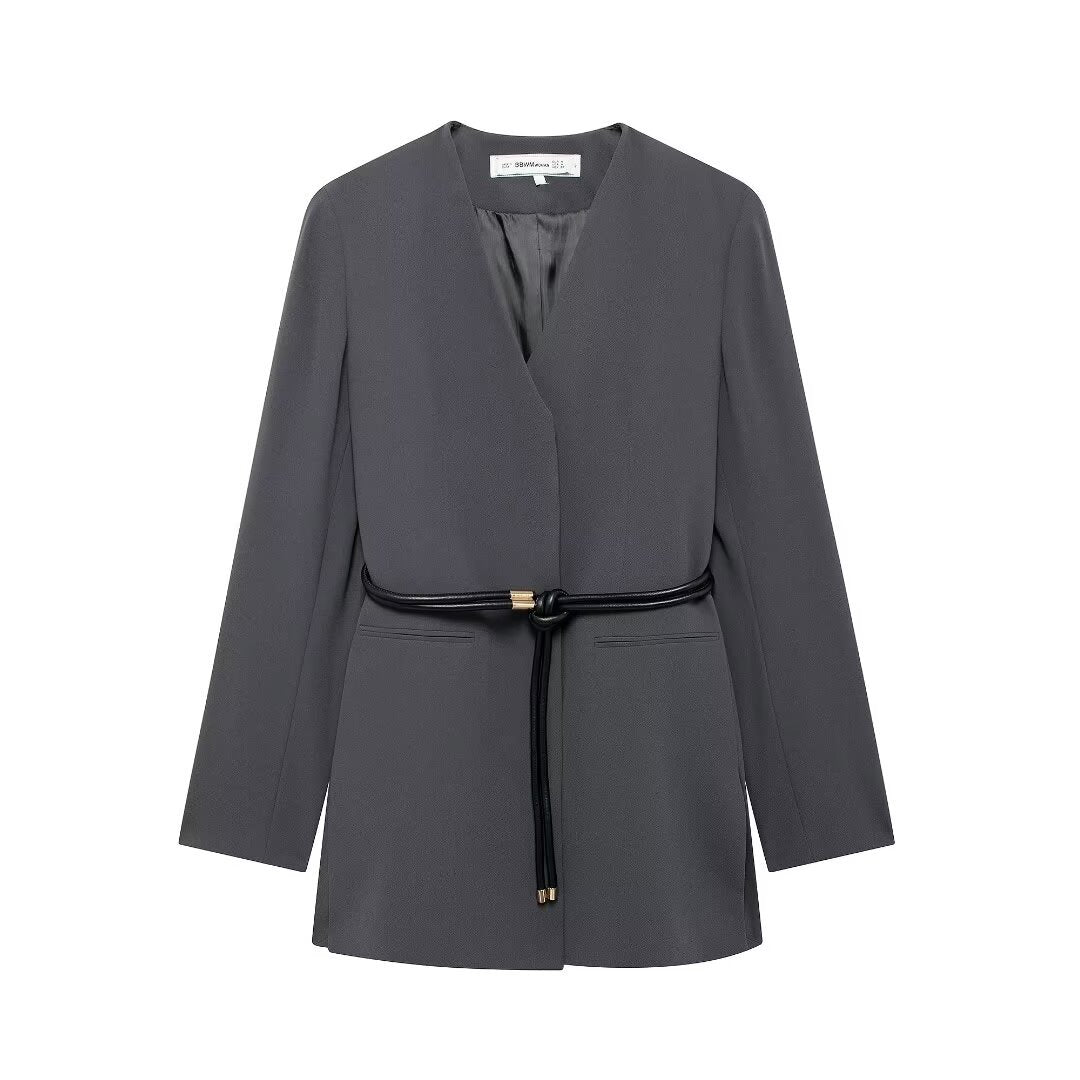 V-neck Blazer With Belt High-waisted Flared Trousers Set