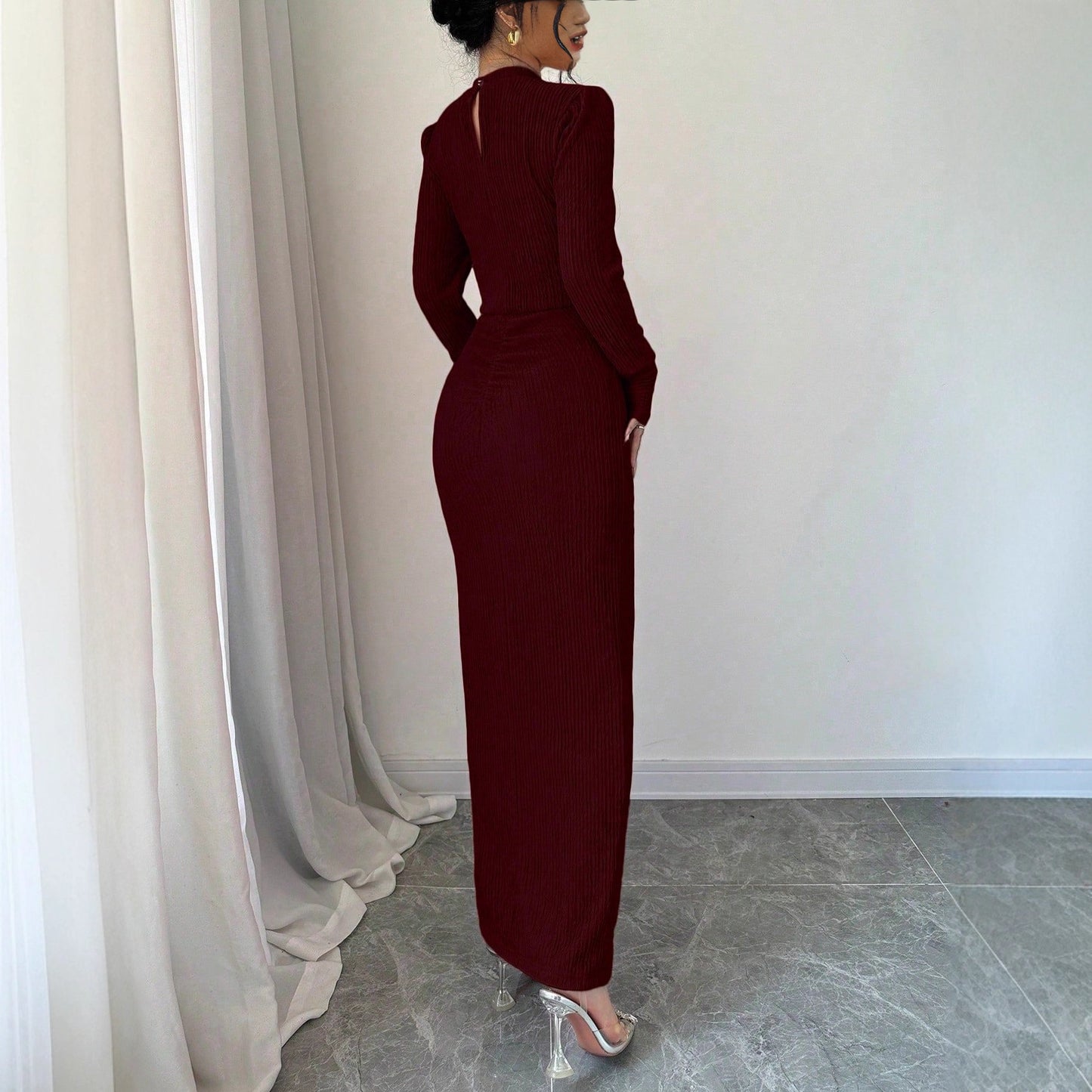 Round-neck Fitted-waist Sheath Dress With A Slit