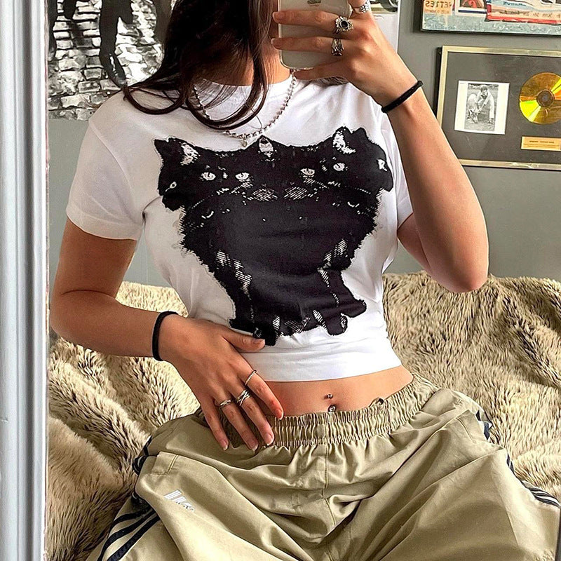 Mode Kattehovedprint Kortærmet T-shirt Rund Hals Afslappet Top