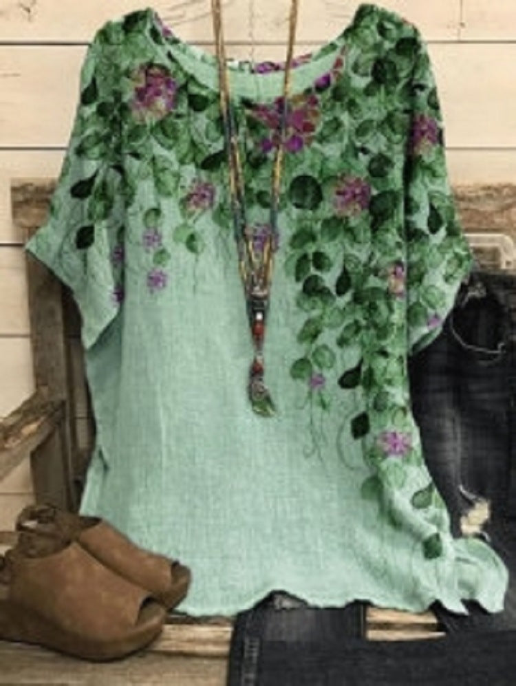 New Casual Loose Printed Crew Neck Top