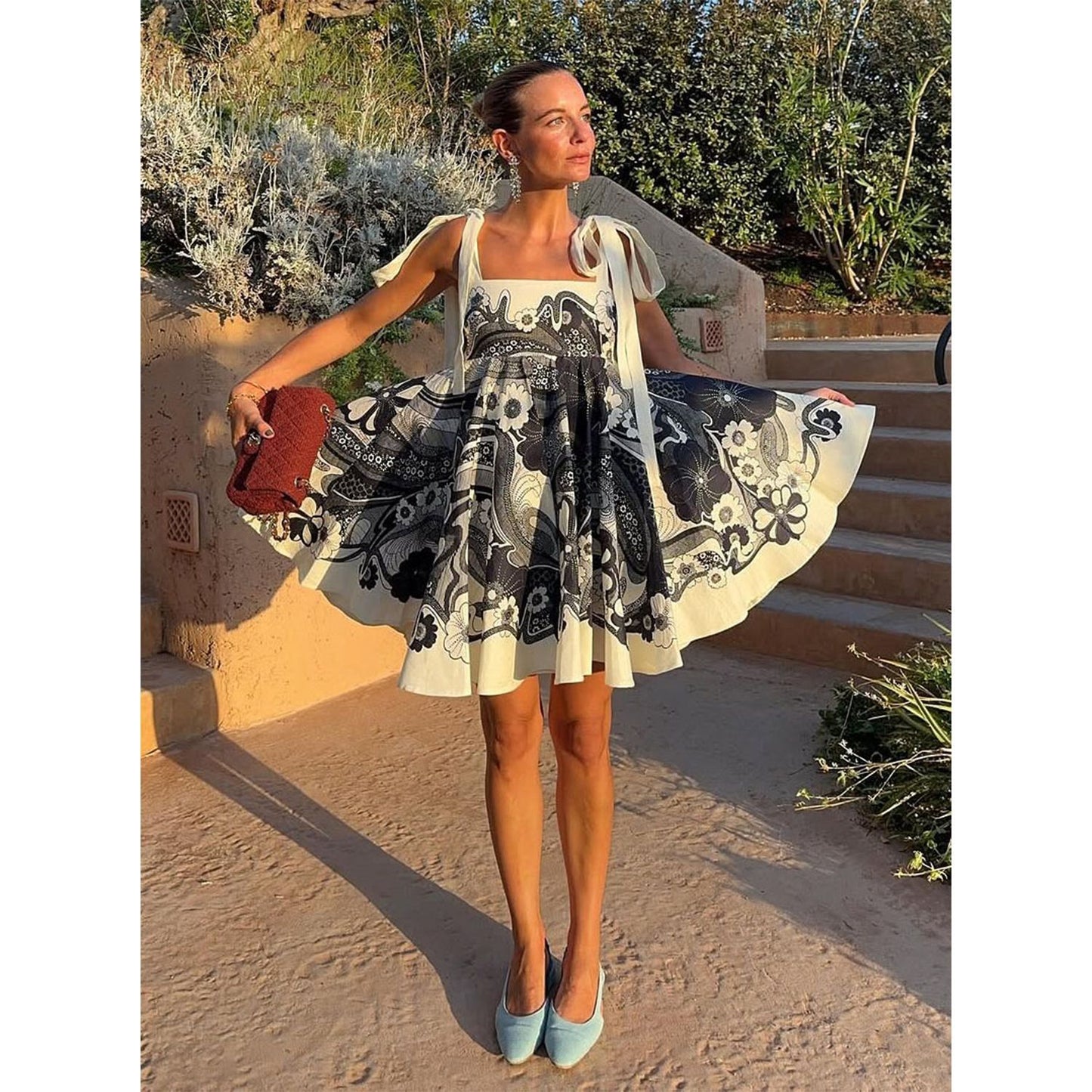 Spring Summer Resort Style Printed Lace Up Short Dress