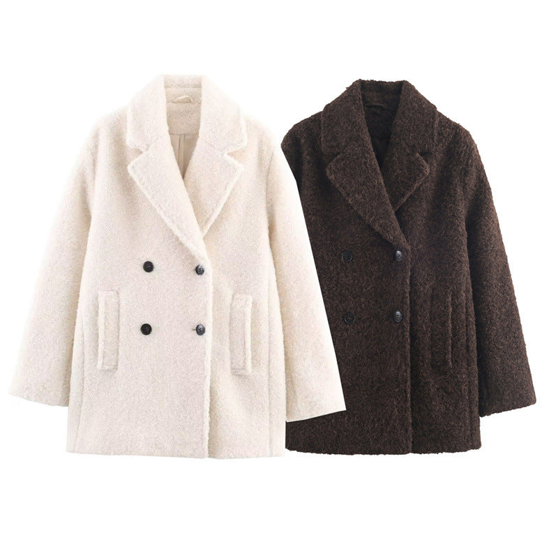 Autumn And Winter Loose Boucle Double-breasted Mid-length Coat