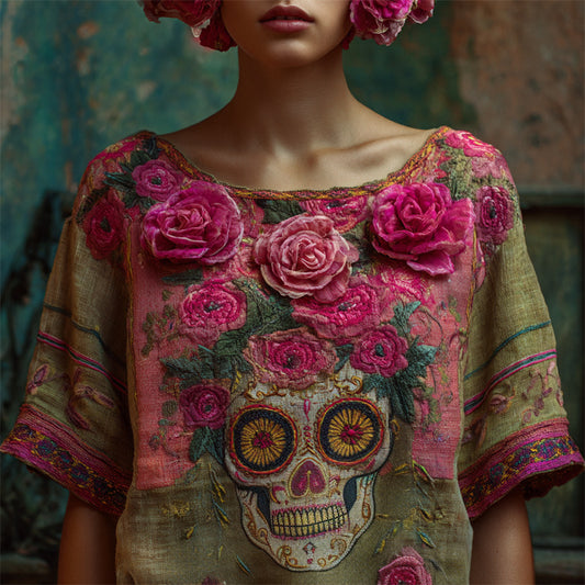 V-neck Elegant Artistic And Retro-style Short-sleeve Top