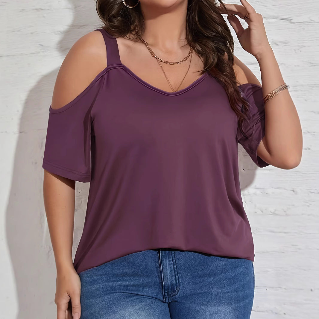 Womens Solid-Color Off-Shoulder Fashion Short-Sleeve T-Shirt