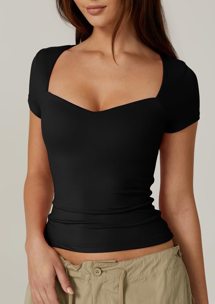 Amazon Cross-border Women's Heart-shaped Collar Short Sleeve T-shirt Women's Solid Color Slim Basic Fashion Exposed Navel