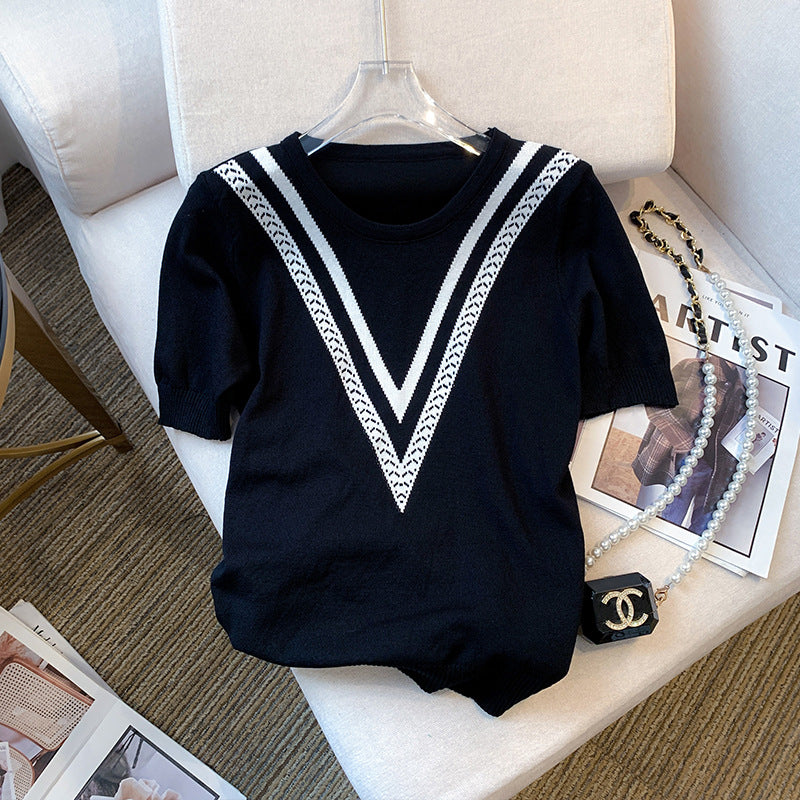 Striped T-shirt Contrast Color Jacquard Loose-fitting Sweater