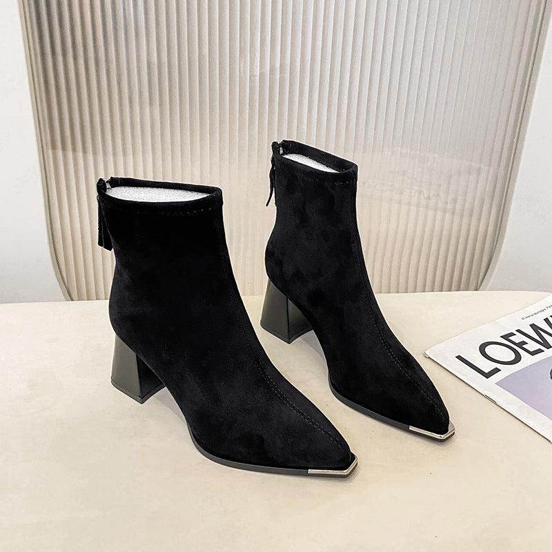 Vintage Chunky-heeled Suede Pointed-toe Ankle Bootsversatile