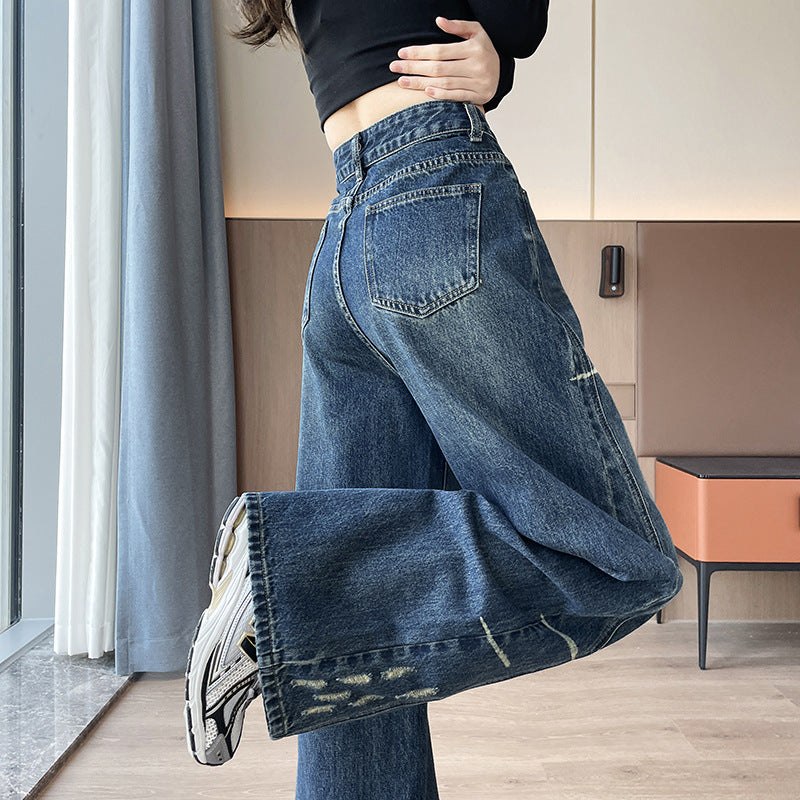 Fleeceforede Ekstra Tykke Unikke Højtaljede Løstsiddende Denim Wide-leg Bukser Til Kvinder